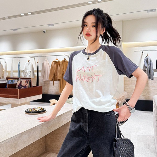 高品質 サンローラン プリント ツートーン コットンジャージー Tシャツ コピー Sah16645